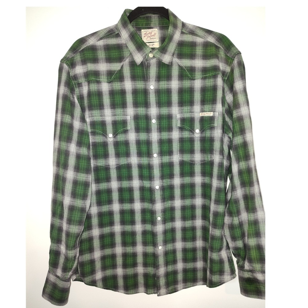 Lucky Brand Mens Western Pearl Snap Shirt Green Black Plaid Large Cotton